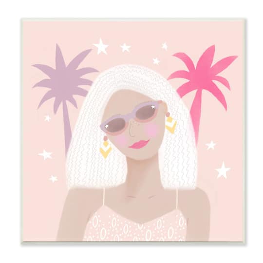 Stupell Industries Tropical Girl Fashionista Pink Palm Trees Starry Sky,12" x 12"